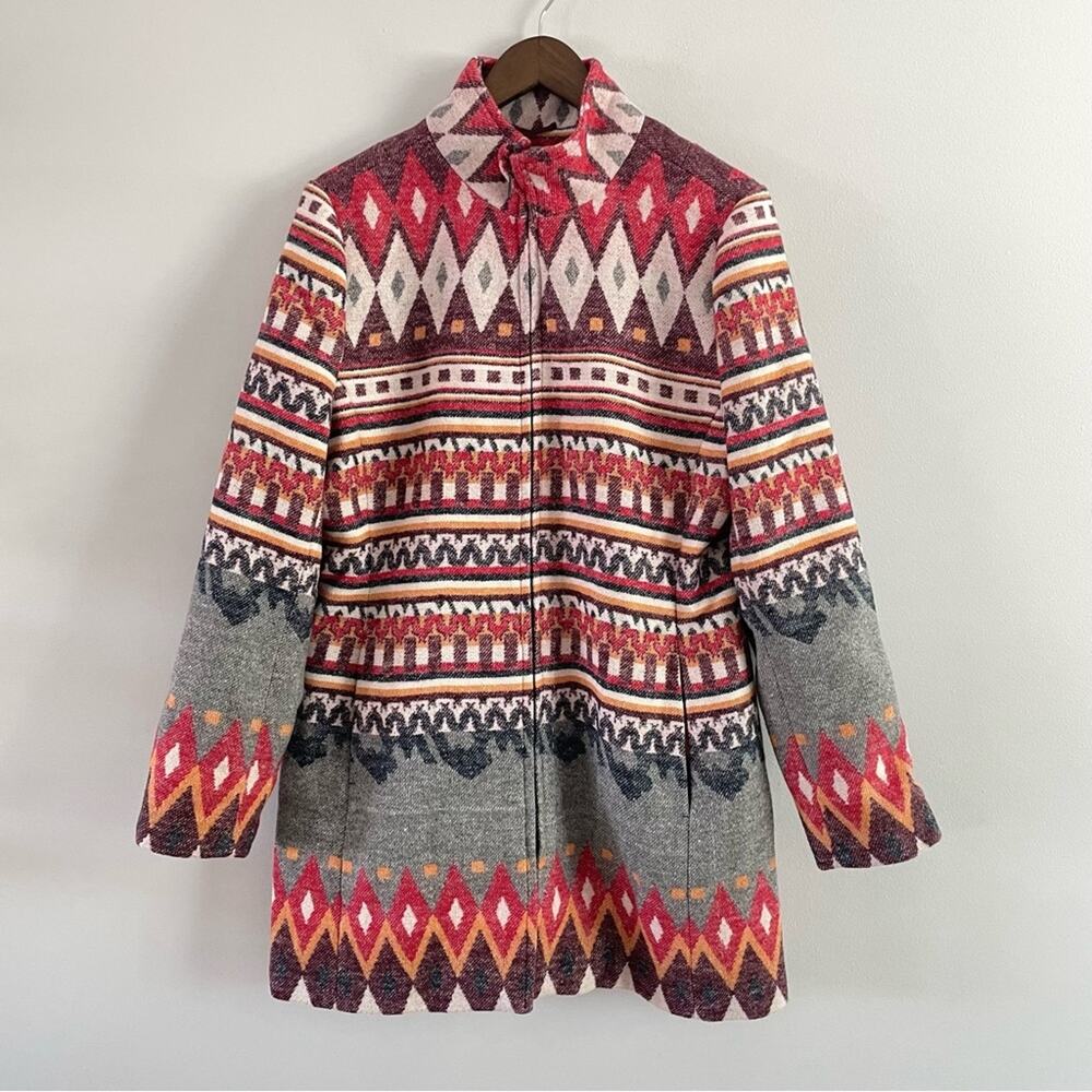 NorthStyle | Women’s Long Southwestern Blazer Jacket Coat Aztec Boho Red Zipper - Picture 2 of 11